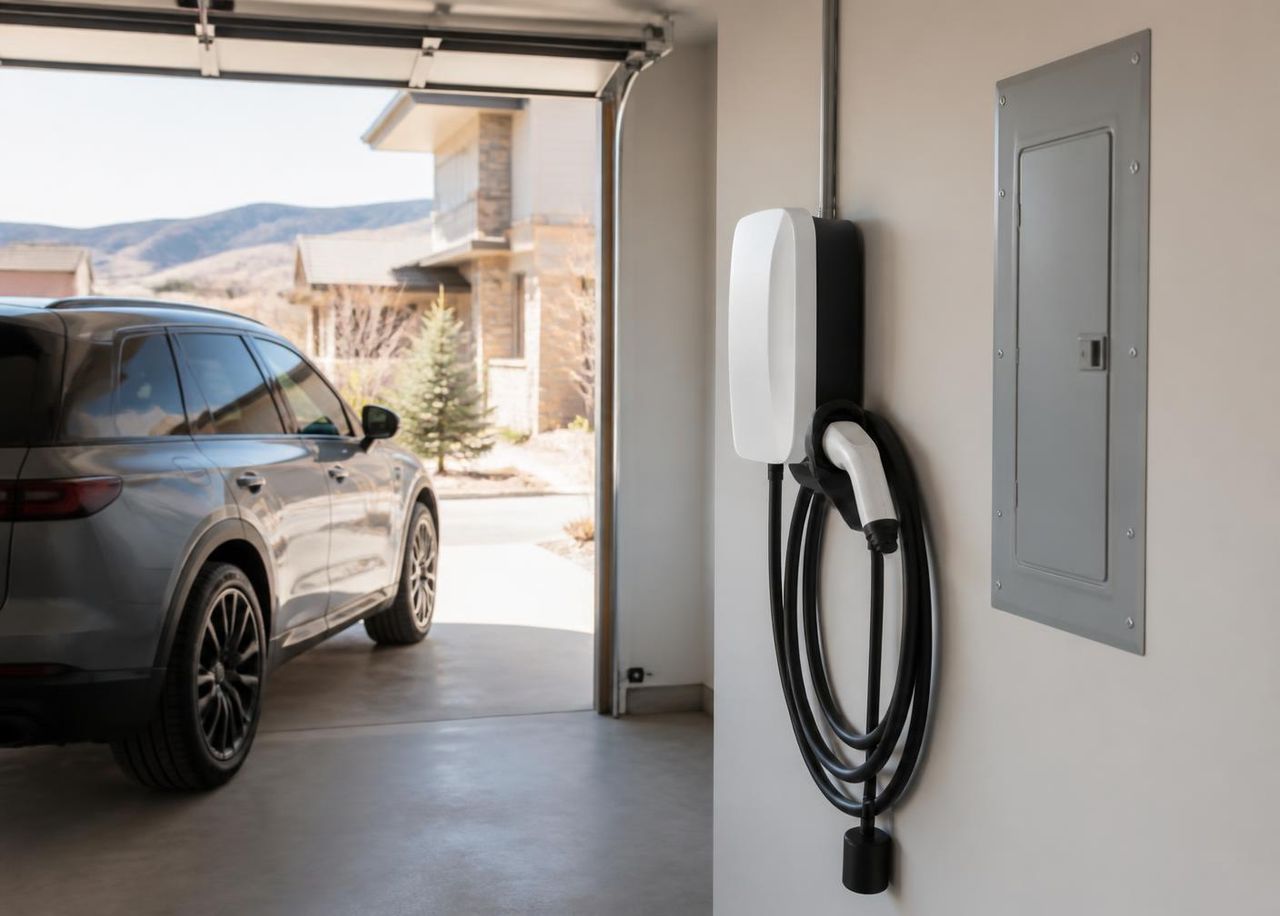 Level 2 EV charger and subpanel installed in a detached garage